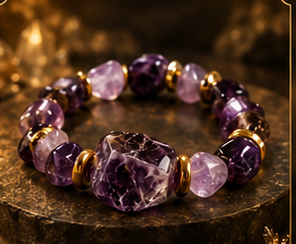 AURAMORA Armband aus violettem Amethyst mit goldfarbenen Spacern auf dunklem Stein