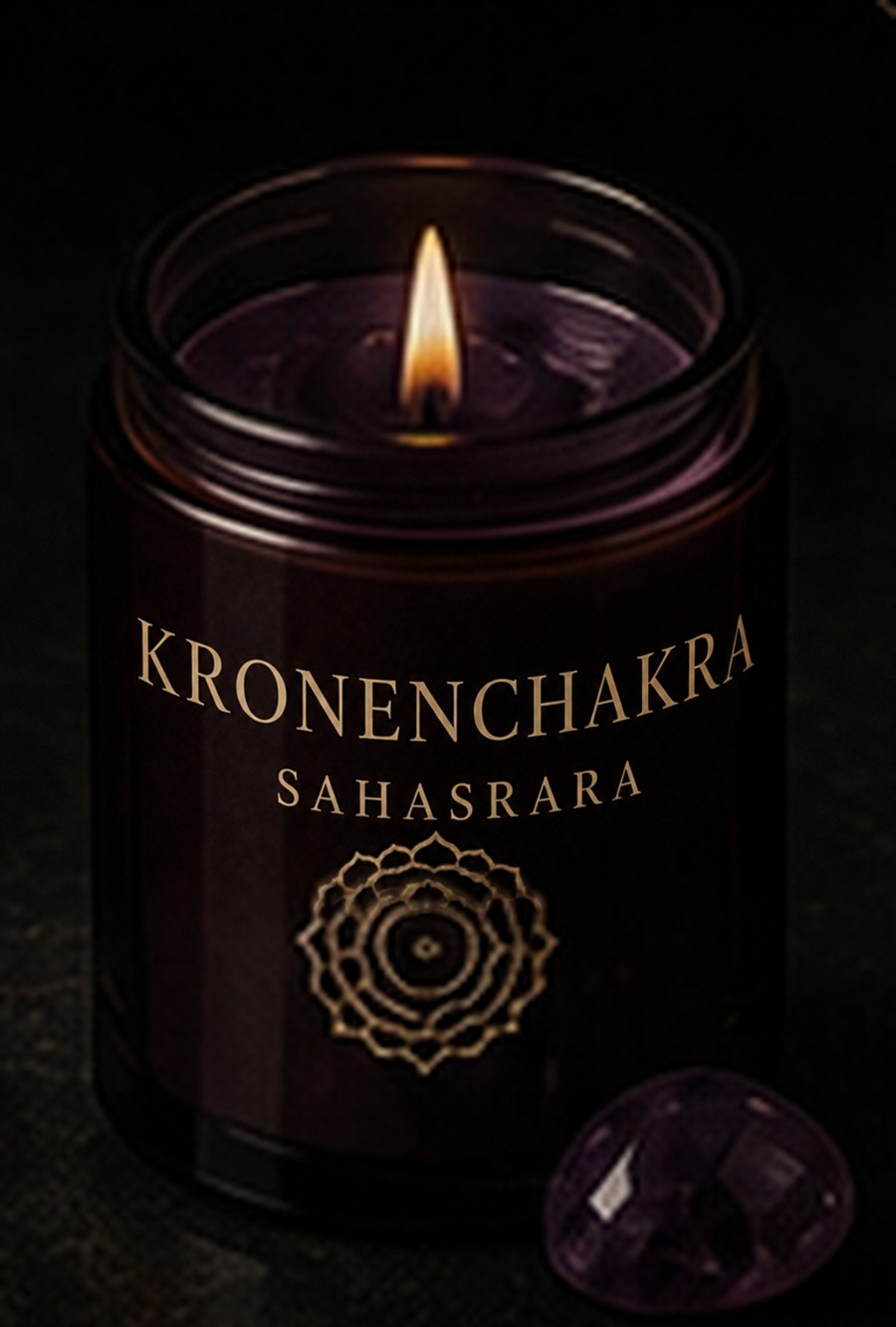 AURAMORA Chakra-Kerze in Violett für das Kronenchakra mit Amethyst