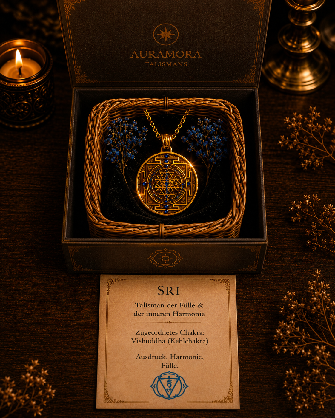 Sri Talisman im handgeflochtenen Körbchen mit schwarzer Einlage und AURAMORA Infokarte