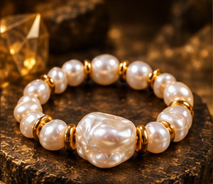 AURAMORA Armband aus weißen Süßwasserperlen mit goldfarbenen Spacern auf dunklem Stein
