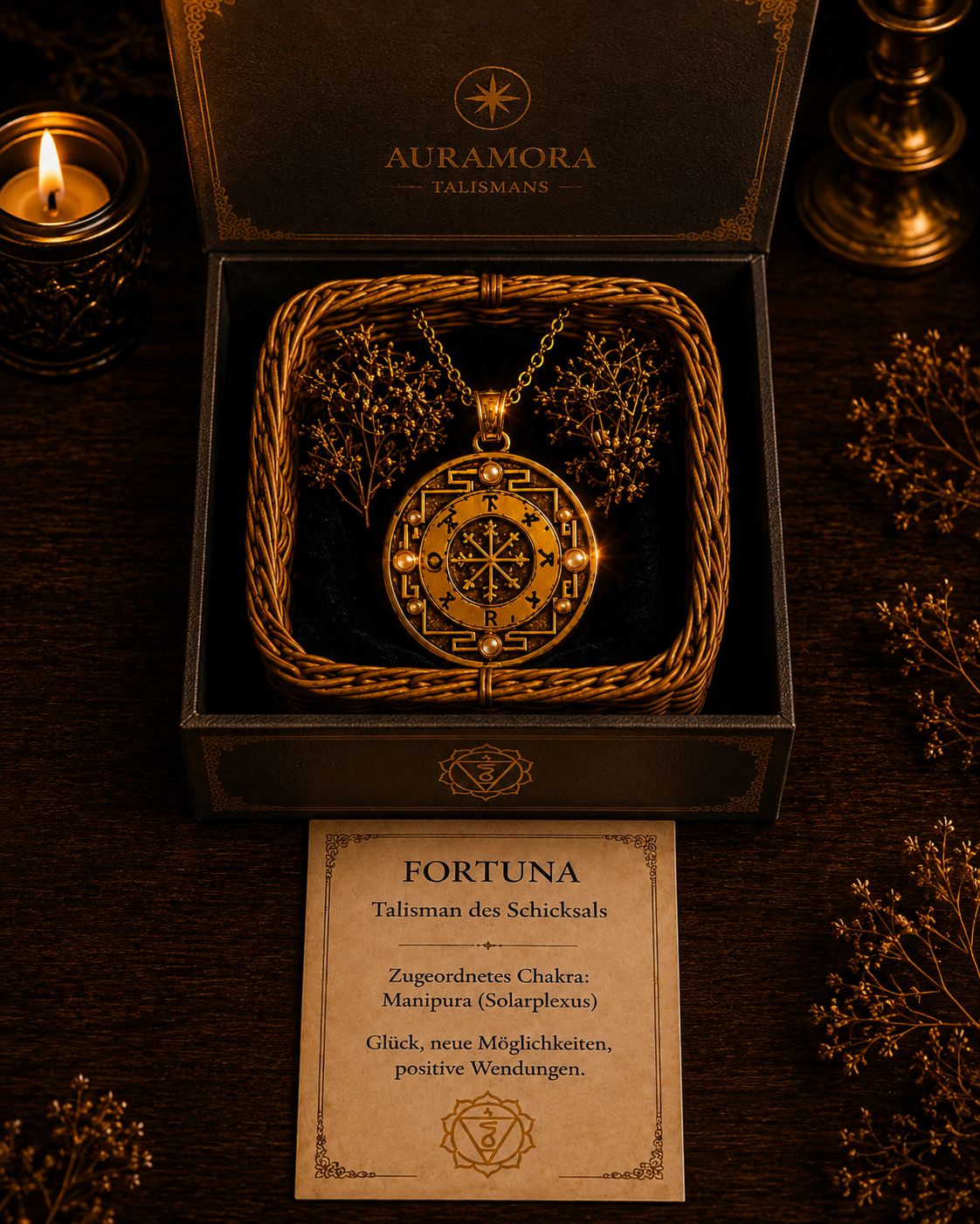 Fortuna Talisman im handgeflochtenen Körbchen mit schwarzer Einlage und AURAMORA Infokarte