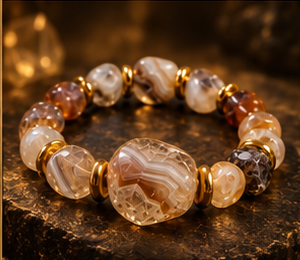 AURAMORA Armband aus gebändertem Achat in Creme- und Brauntönen mit goldfarbenen Spacern
