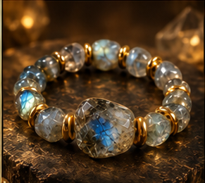 AURAMORA Armband aus Labradorit mit blauem Farbschiller und goldfarbenen Spacern auf dunklem Stein