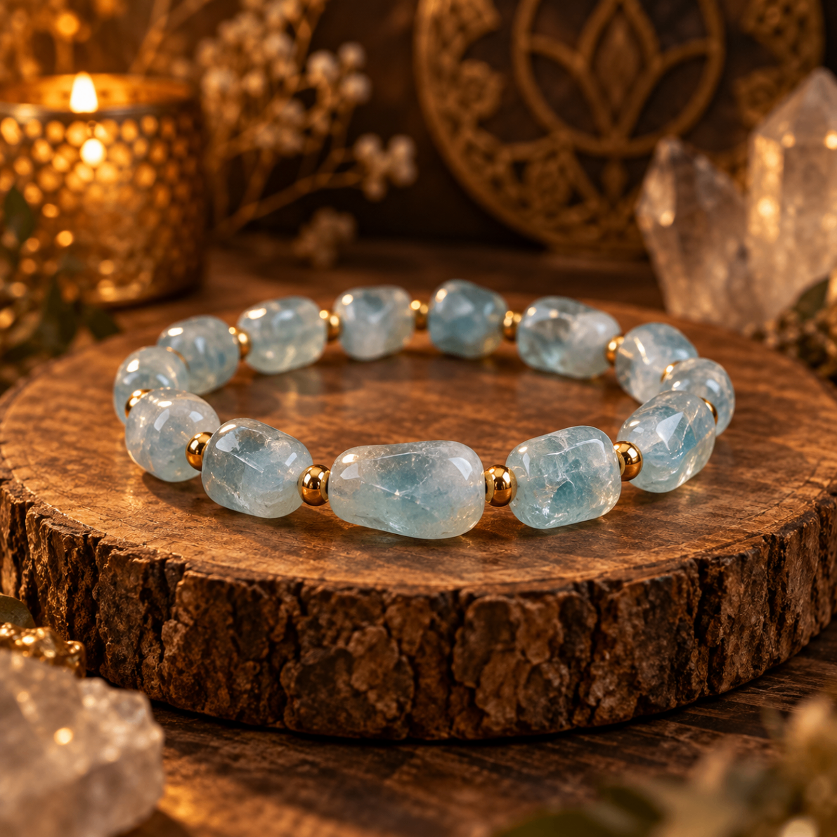 AURAMORA Armband aus hellblauem Aquamarin mit goldfarbenen Perlen auf einer Holzscheibe