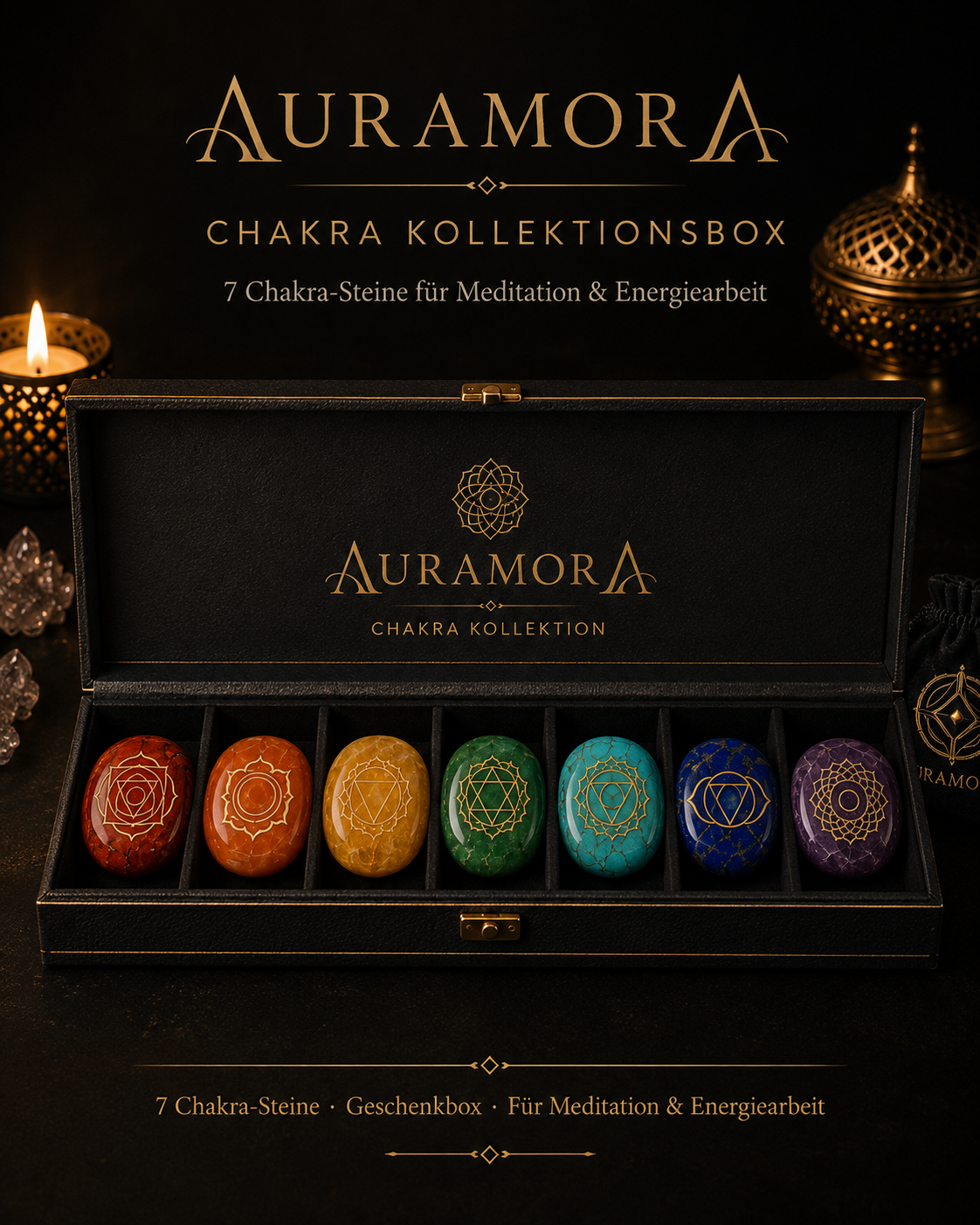 Geöffnete schwarze AURAMORA Kollektionsbox mit sieben Chakra-Steinen und goldenen Details