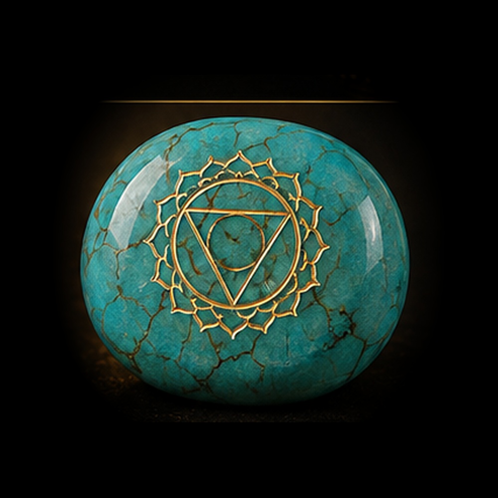 AURAMORA Chakra-Stein Türkis für das Halschakra mit goldenem Vishuddha-Symbol