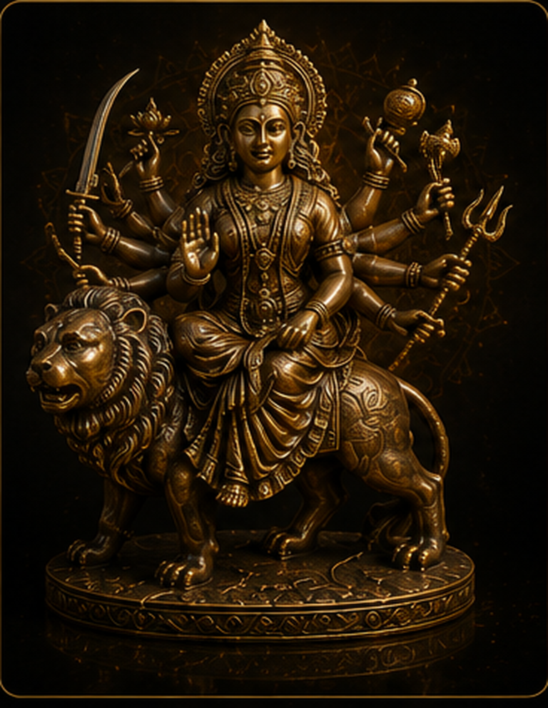 Bronzefarbene Durga-Figur mit vielen Armen, reitend auf einem Löwen