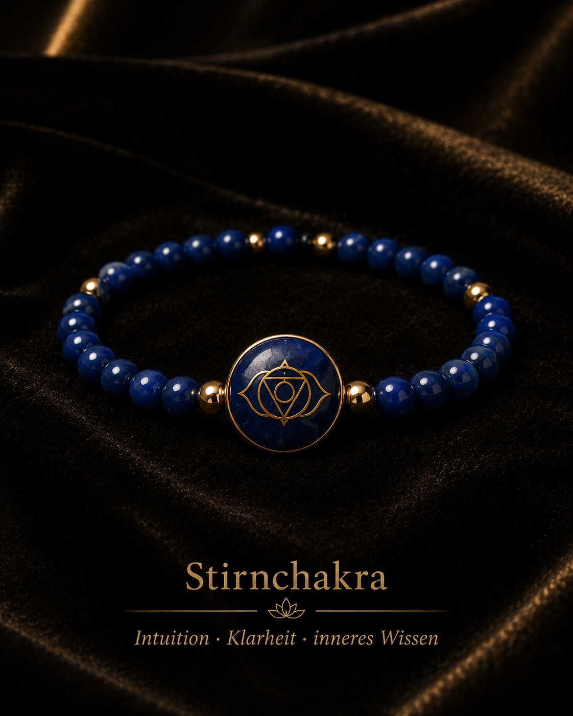 AURAMORA Stirnchakra-Armband mit dunkelblauen Lapislazuli-Perlen und goldenem Chakra-Symbol