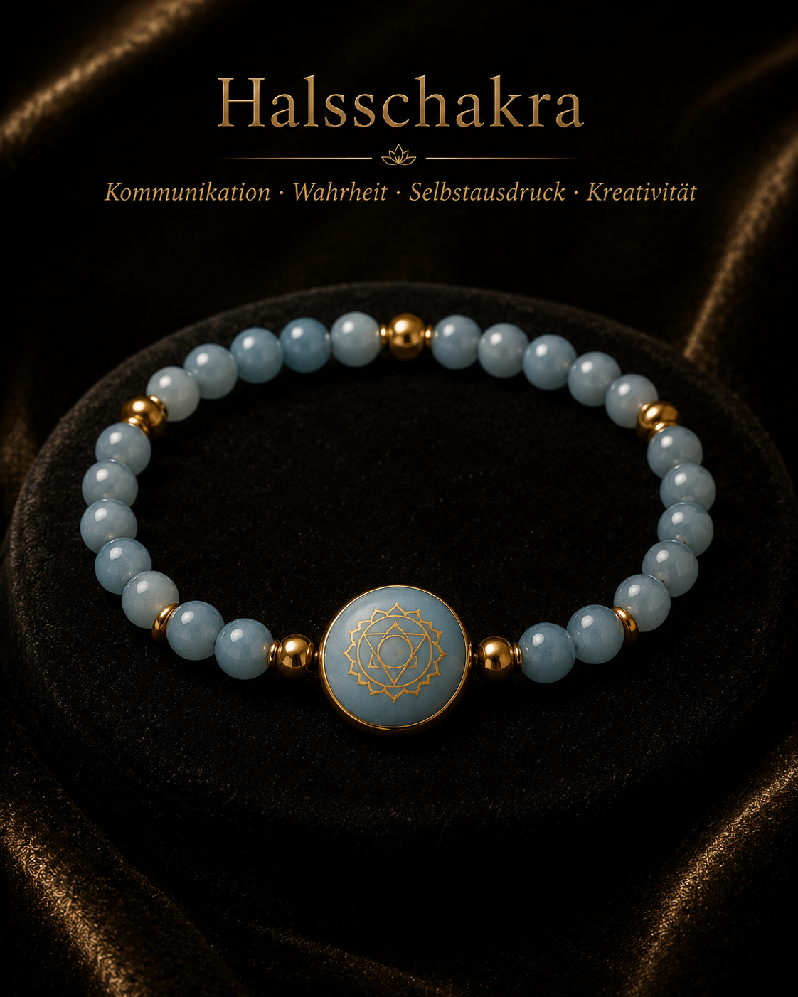 AURAMORA Halschakra-Armband mit hellblauen Aquamarinperlen und goldenem Chakra-Symbol