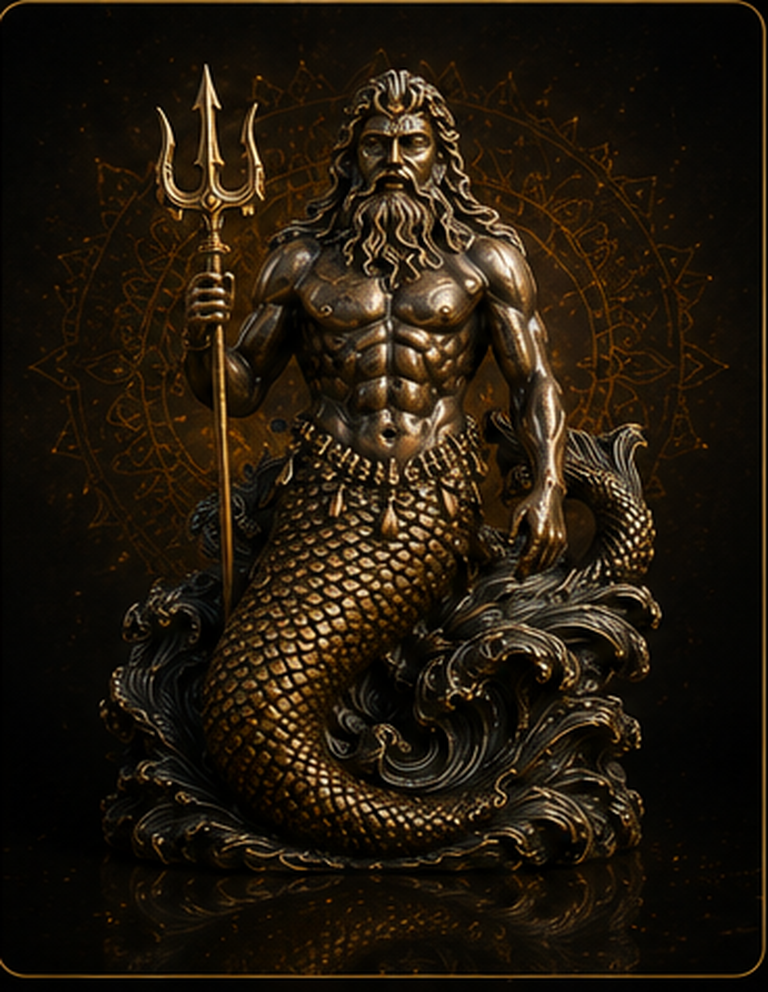 Bronzefarbene Poseidon-Figur mit Dreizack und Fischschwanz auf bewegten Wellen