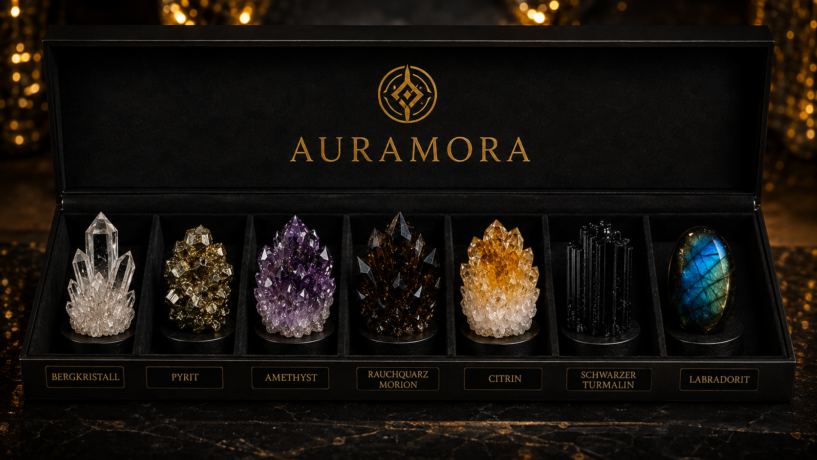 Geöffnete schwarze AURAMORA Präsentationsbox mit sieben Mineralien in einzelnen Fächern und goldener Wortmarke