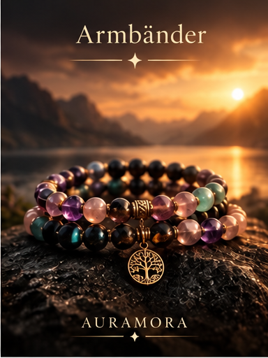 Mehrere Chakra-Armbänder aus Mineralperlen mit goldenen Akzenten vor Amethyst und Bergkristall