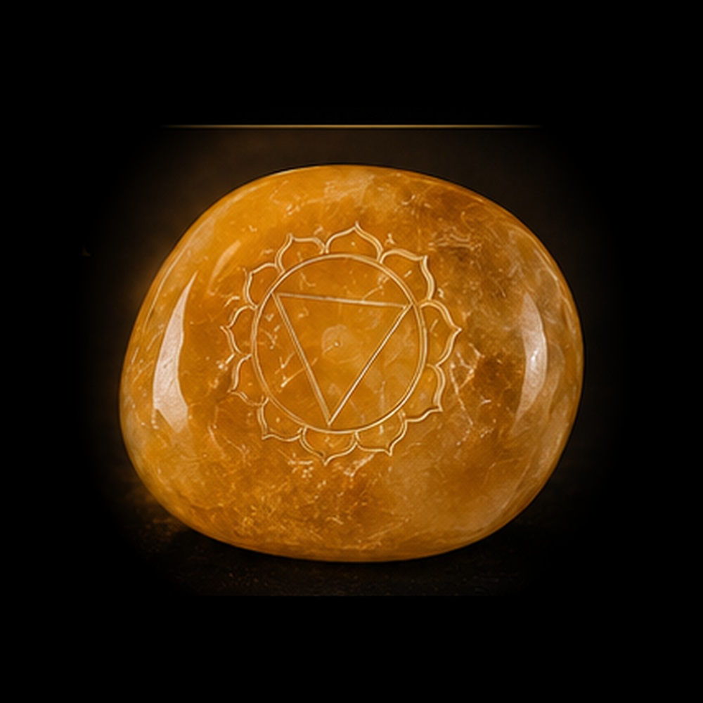 AURAMORA Chakra-Stein Citrin für das Solarplexuschakra mit goldenem Manipura-Symbol