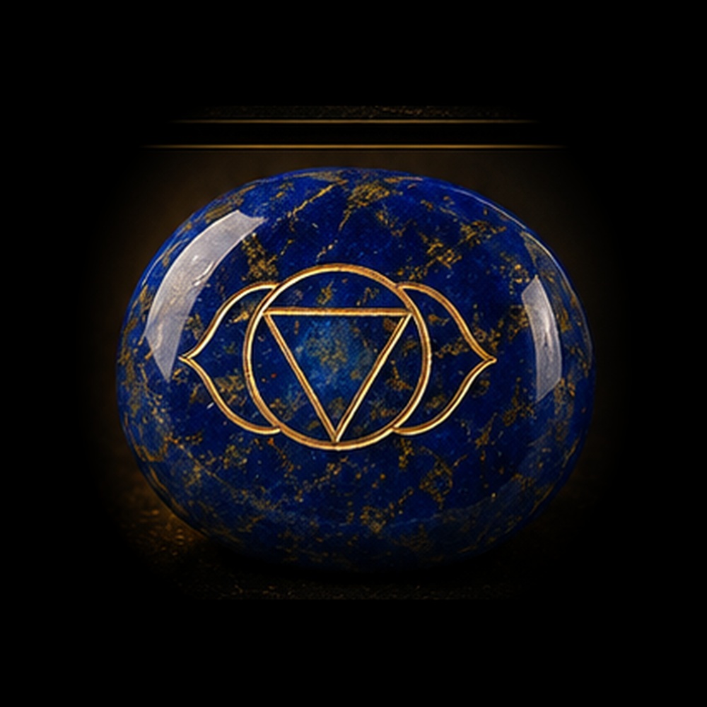 AURAMORA Chakra-Stein Lapislazuli für das Stirnchakra mit goldenem Ajna-Symbol