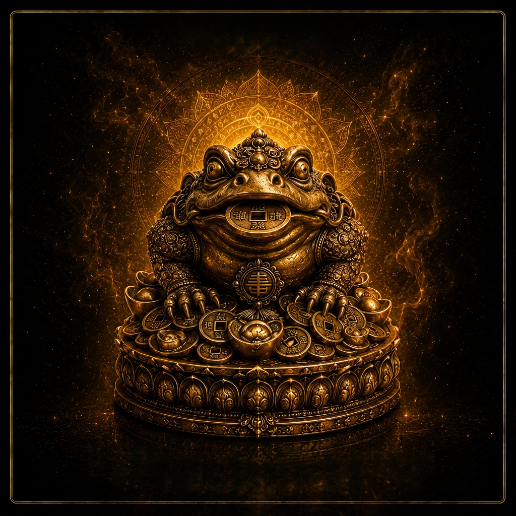Goldfarbene Feng-Shui-Frosch-Figur auf Münzen und Goldbarren vor dunklem Hintergrund