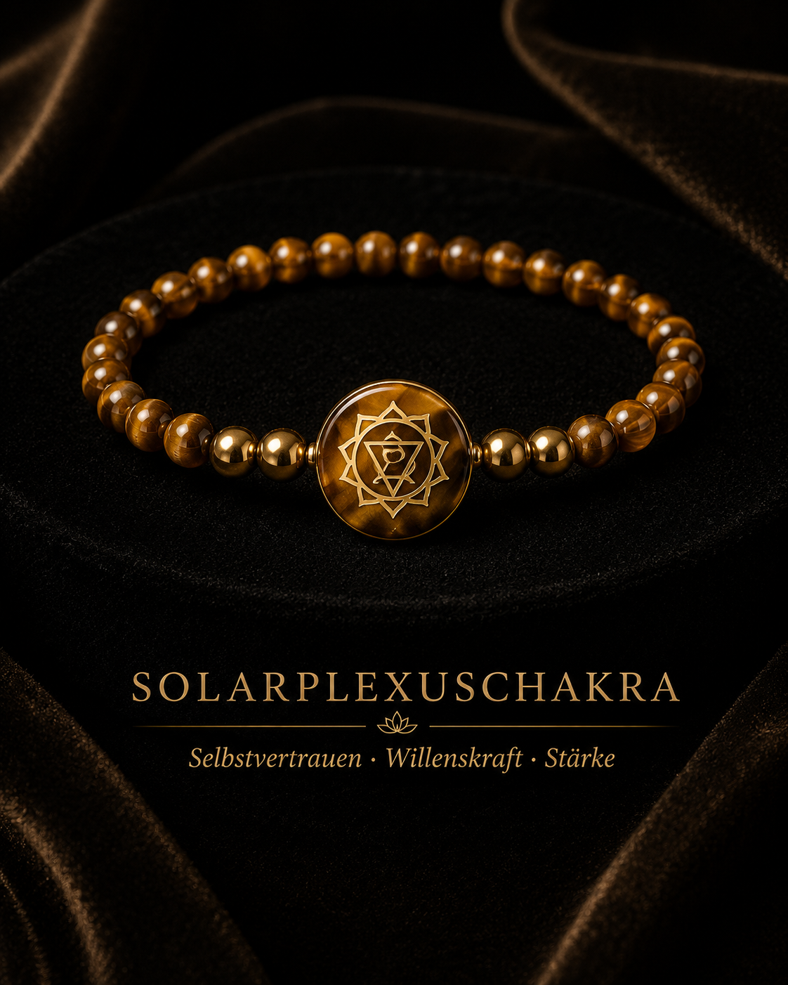 AURAMORA Solarplexuschakra-Armband mit Tigerauge-Perlen und goldenem Chakra-Symbol