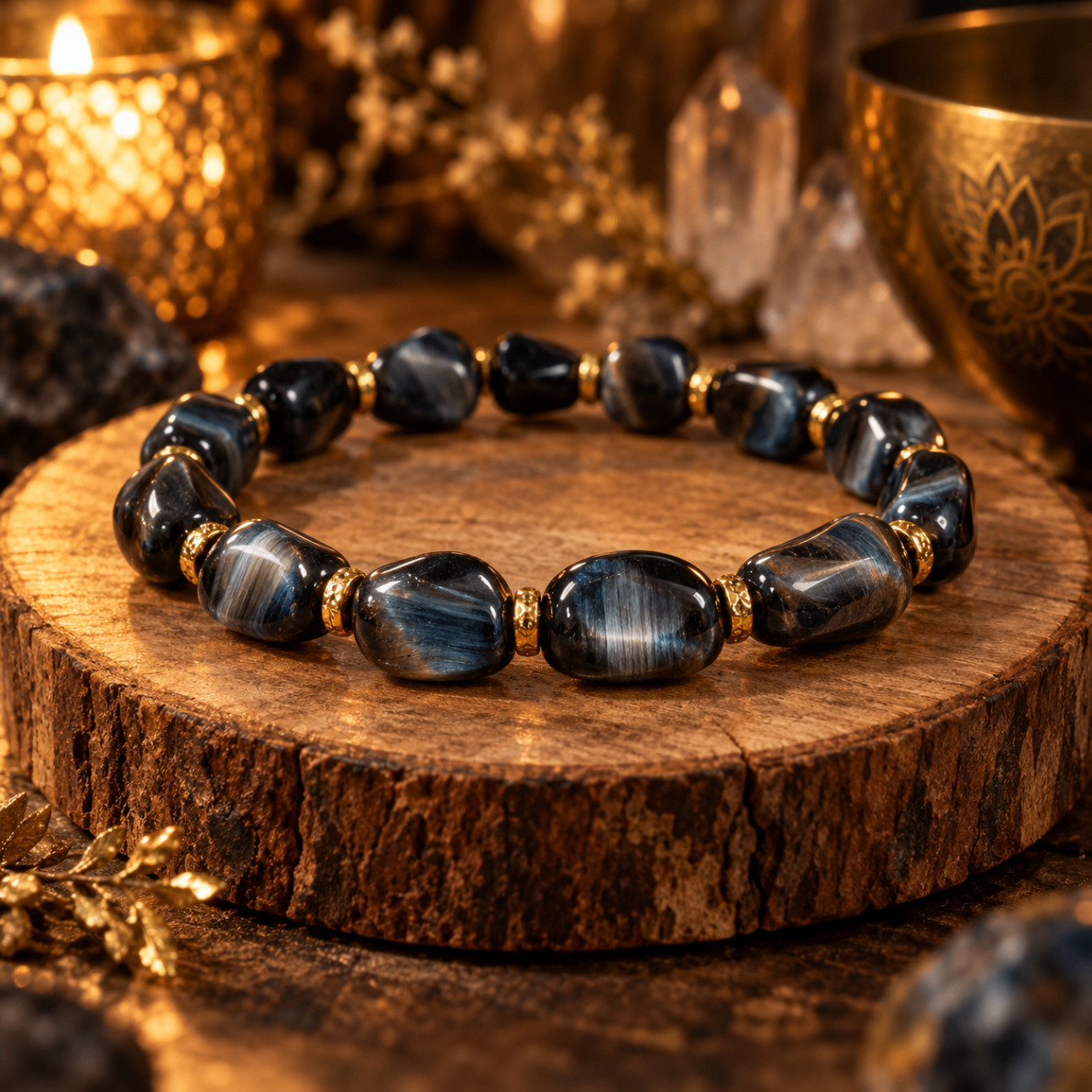 AURAMORA Armband aus blaugrauem Falkenauge mit goldfarbenen Spacern auf einer Holzscheibe