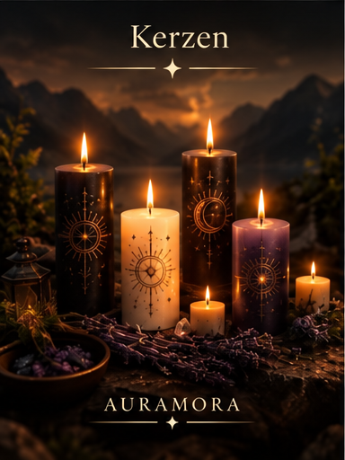 Sieben Chakra-Kerzen in dunklen Gläsern mit goldenen Symbolen und warmen Flammen