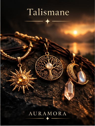 Goldener AURAMORA Talisman an feiner Kette vor dunklem Hintergrund