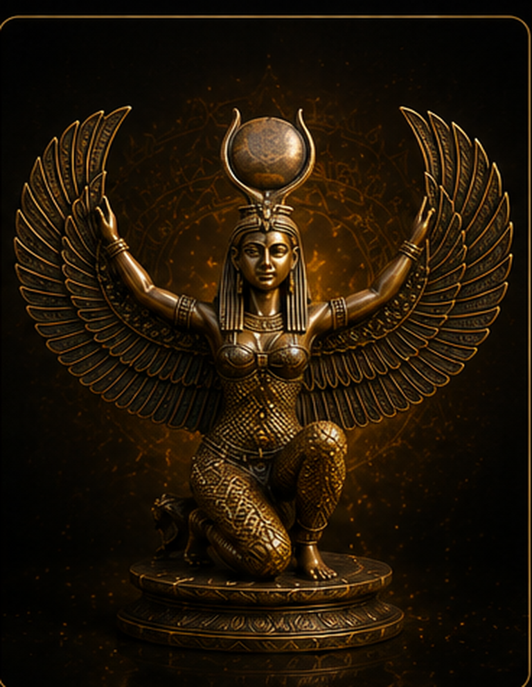 Bronzefarbene Isis-Figur mit ausgebreiteten Flügeln und Sonnenscheibe vor dunklem Hintergrund