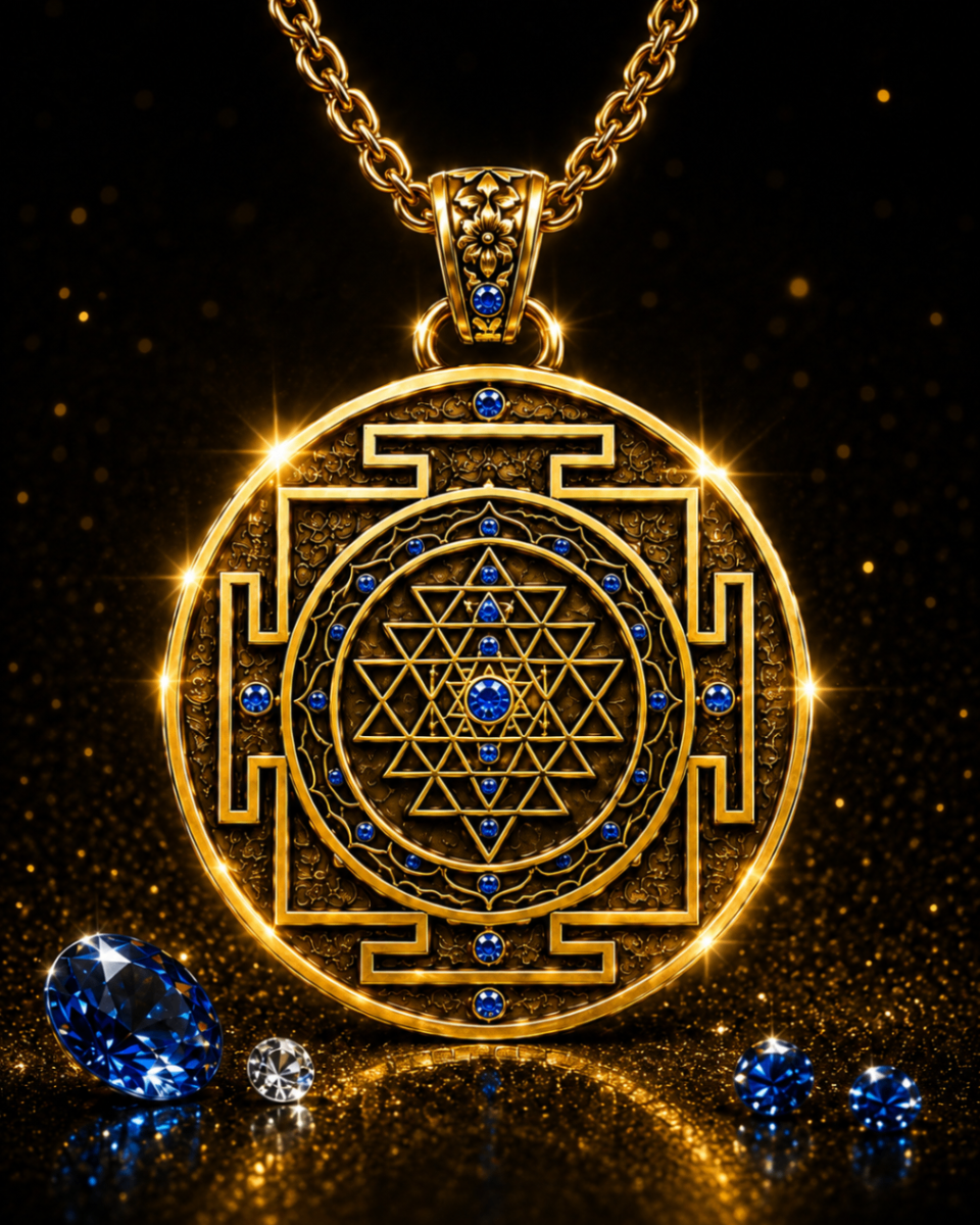 AURAMORA Sri Talisman mit Sri-Yantra und blauen Farbdiamanten
