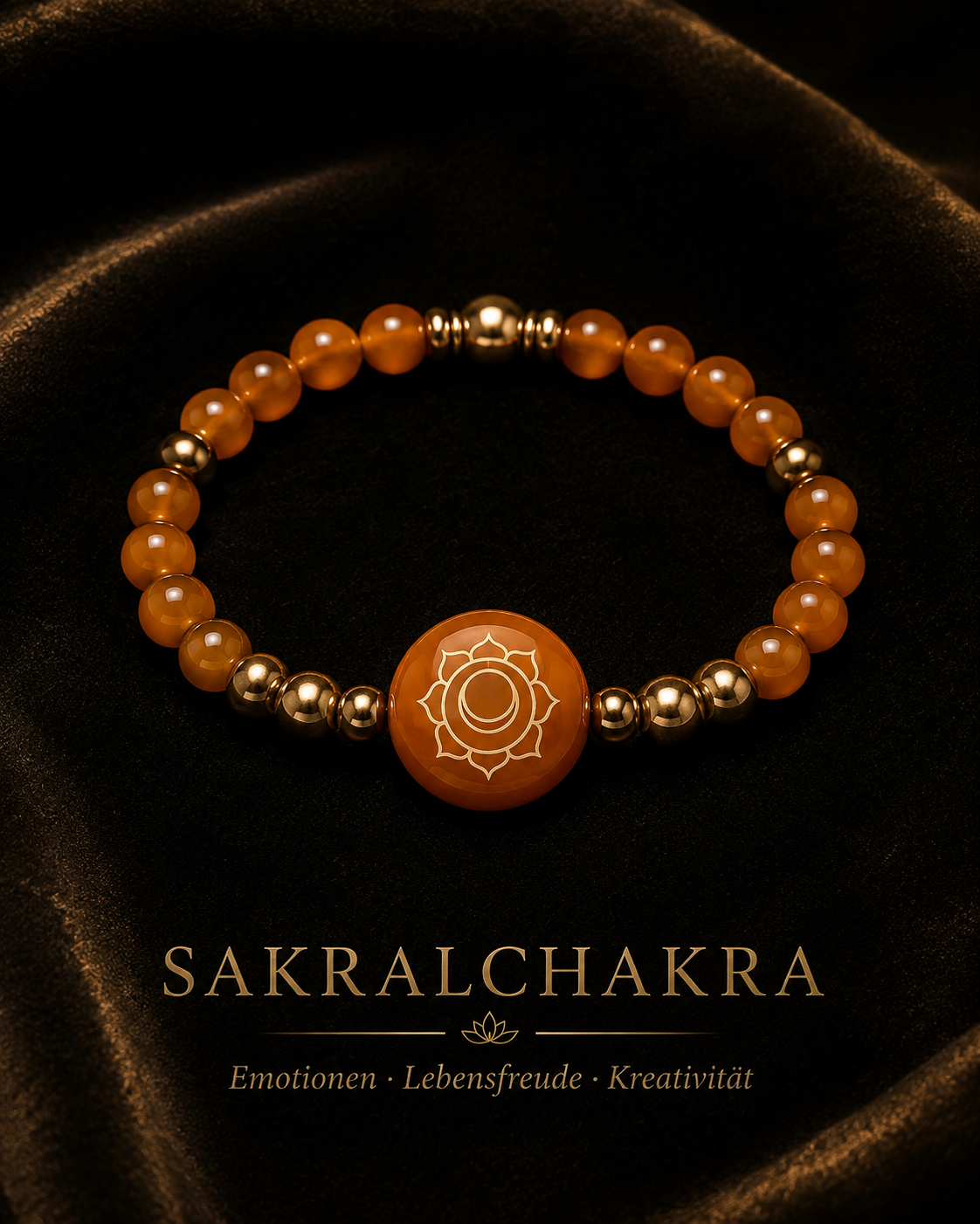 AURAMORA Sakralchakra-Armband mit orangefarbenen Karneolperlen und goldenem Chakra-Symbol