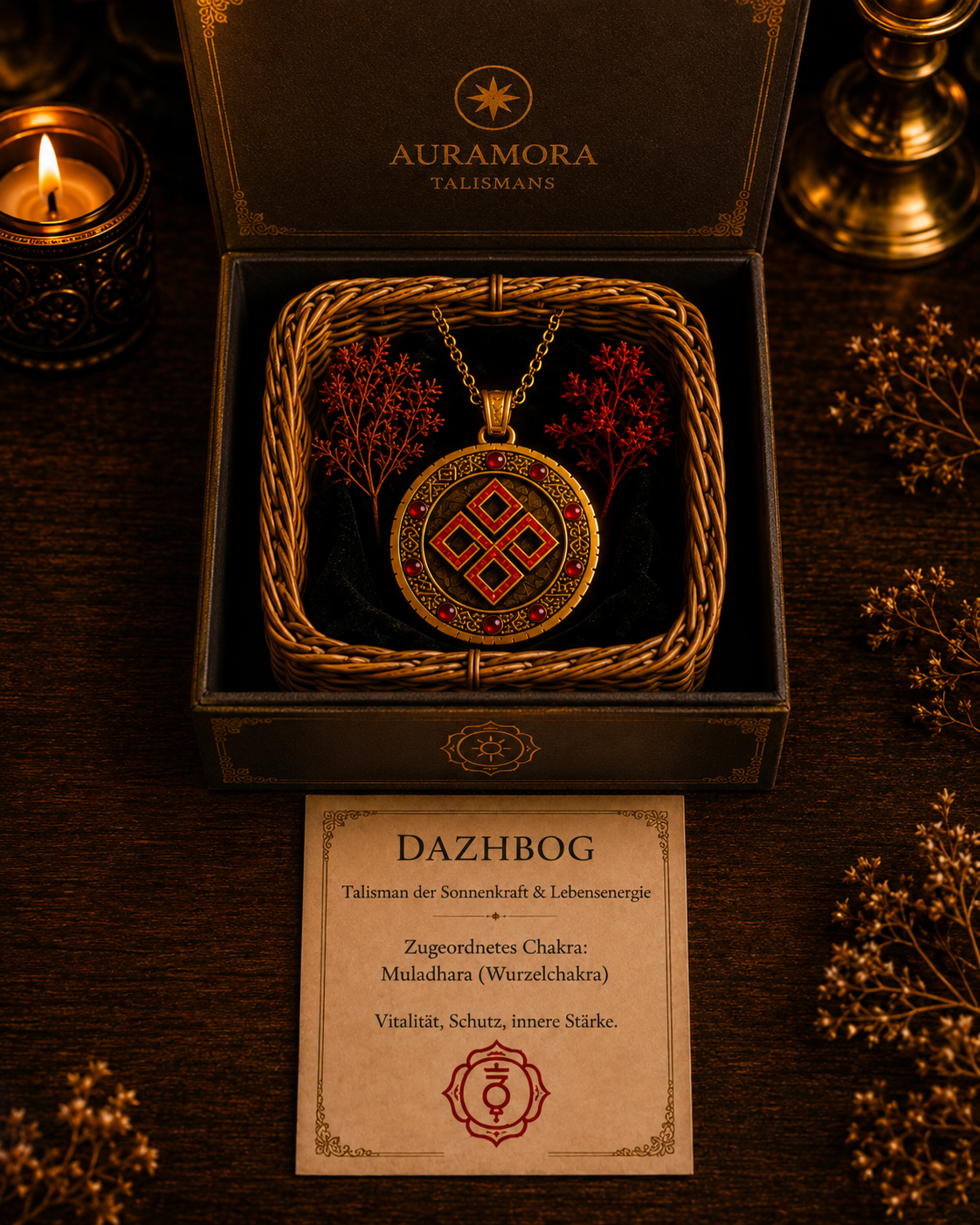 Dazhbog Talisman im handgeflochtenen Körbchen mit schwarzer Einlage und AURAMORA Infokarte