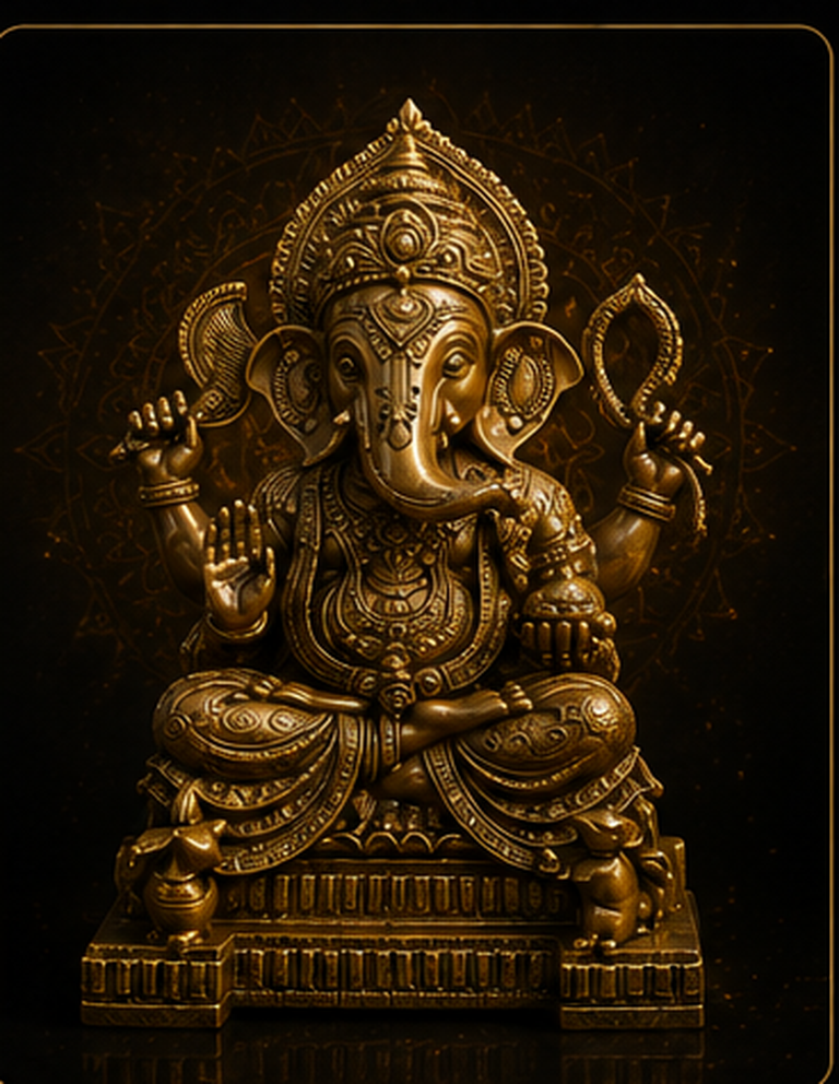 Goldfarbene Ganesha-Figur auf einem verzierten Thron vor dunklem Hintergrund