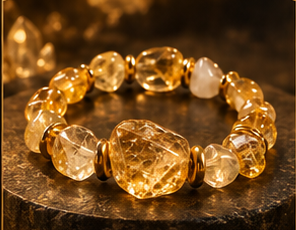 AURAMORA Armband aus goldgelbem Citrin mit goldfarbenen Spacern auf dunklem Stein