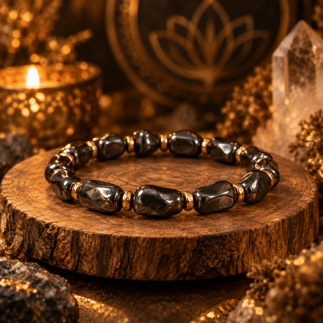 AURAMORA Armband aus metallisch glänzendem Hämatit mit goldfarbenen Spacern auf einer Holzscheibe