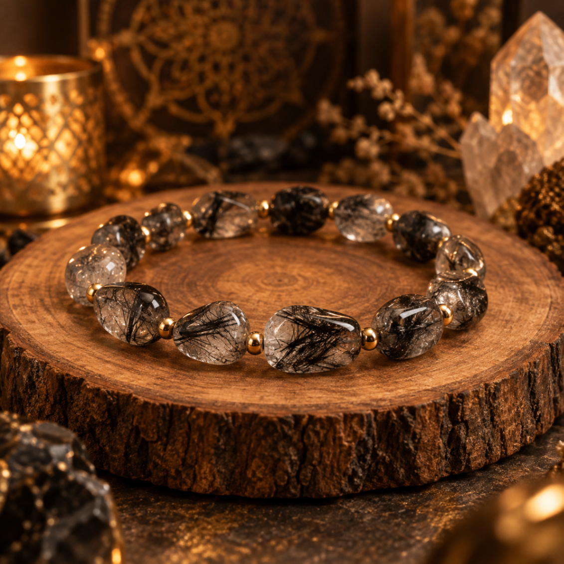 AURAMORA Armband aus klarem Quarz mit schwarzen Rutilnadeln und goldfarbenen Perlen auf einer Holzscheibe