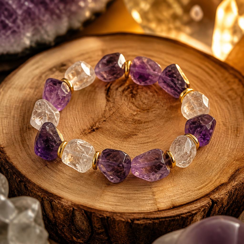 Handgefertigtes AURAMORA Natursteinarmband aus violettem Amethyst und klarem Bergkristall mit goldfarbenen Spacern auf einer Holzscheibe