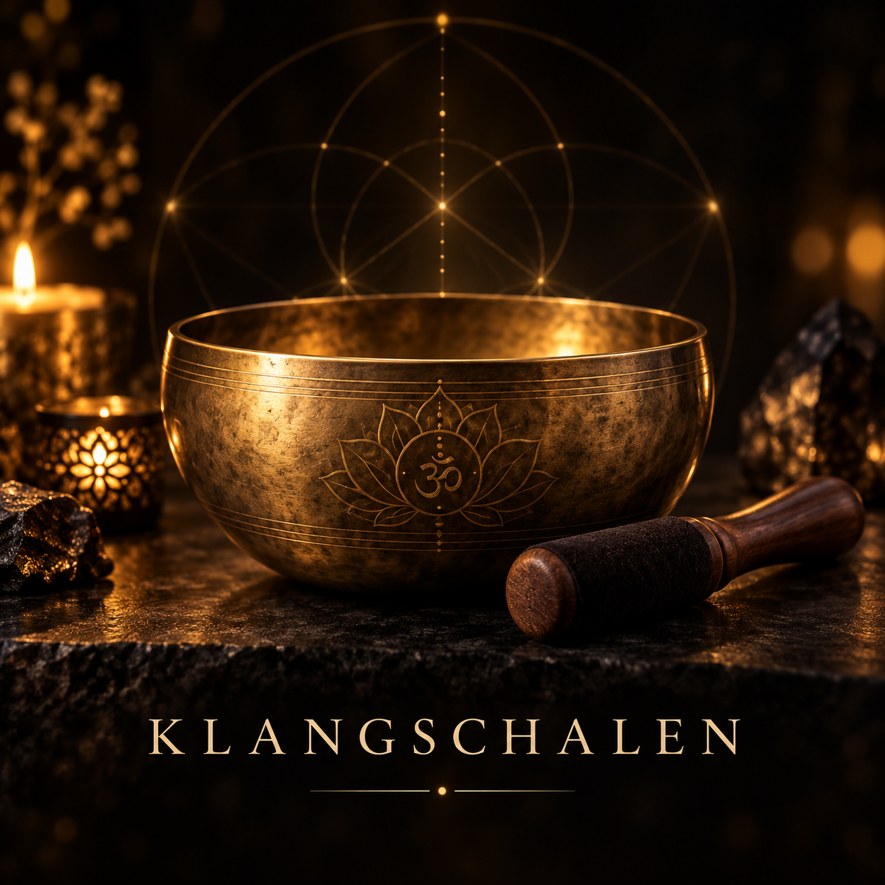 Goldene Klangschale mit Lotus- und Om-Gravur auf dunklem Stein, daneben Klöppel, Kerzen und Kristalle