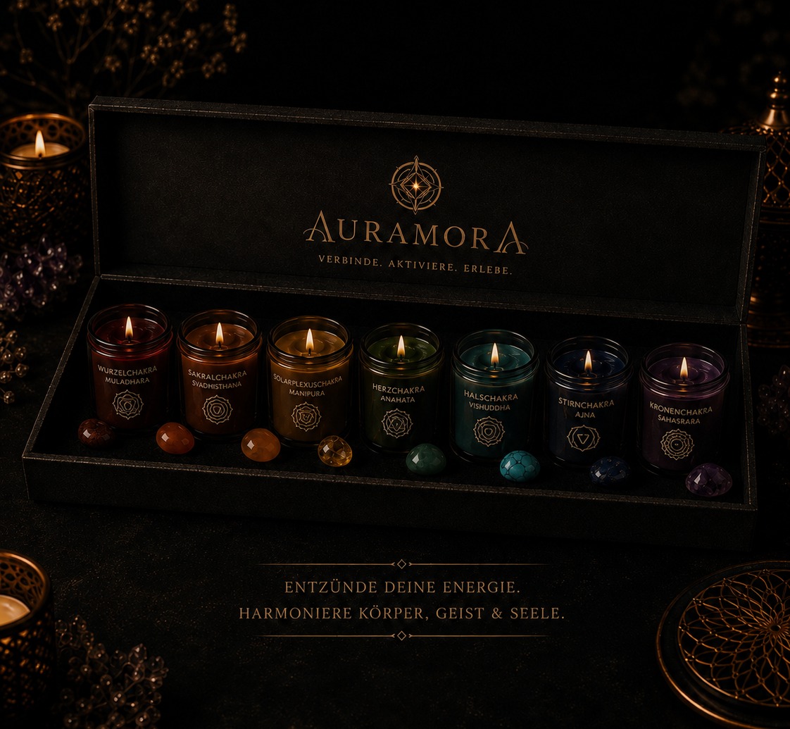 AURAMORA Chakra-Kerzen 7er Set ohne Deckel in einer hochwertigen schwarzen Präsentationsbox