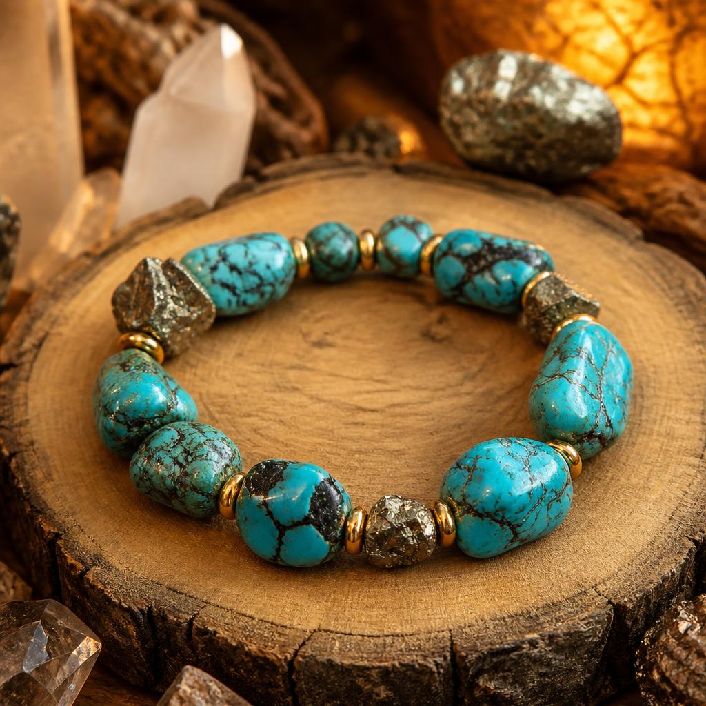 Handgefertigtes AURAMORA Natursteinarmband aus Türkis mit natürlicher Matrix und metallischem Pyrit mit goldfarbenen Spacern auf einer Holzscheibe