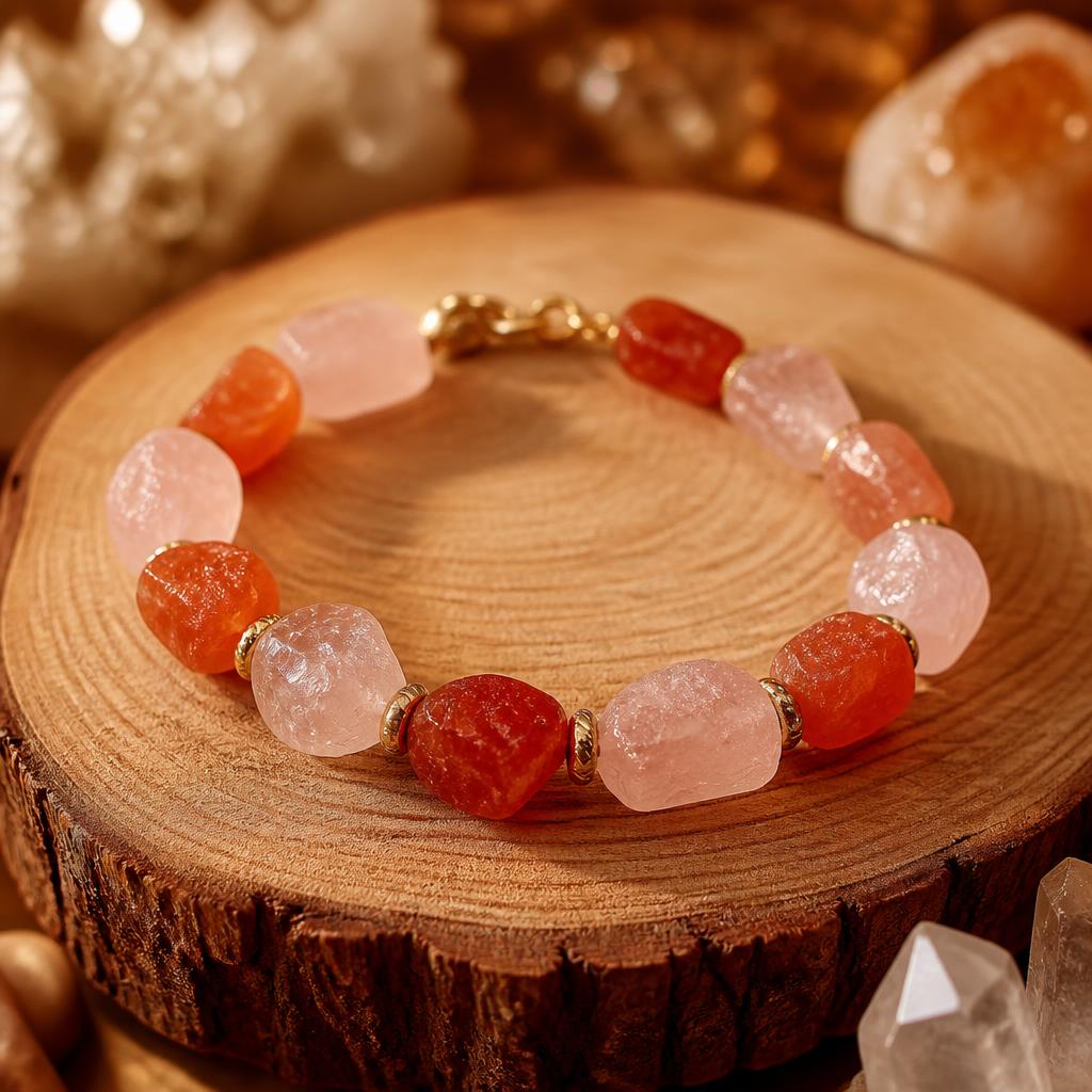 Handgefertigtes AURAMORA Natursteinarmband aus rosafarbenem Rosenquarz und orangerotem Karneol mit goldfarbenen Spacern auf einer Holzscheibe