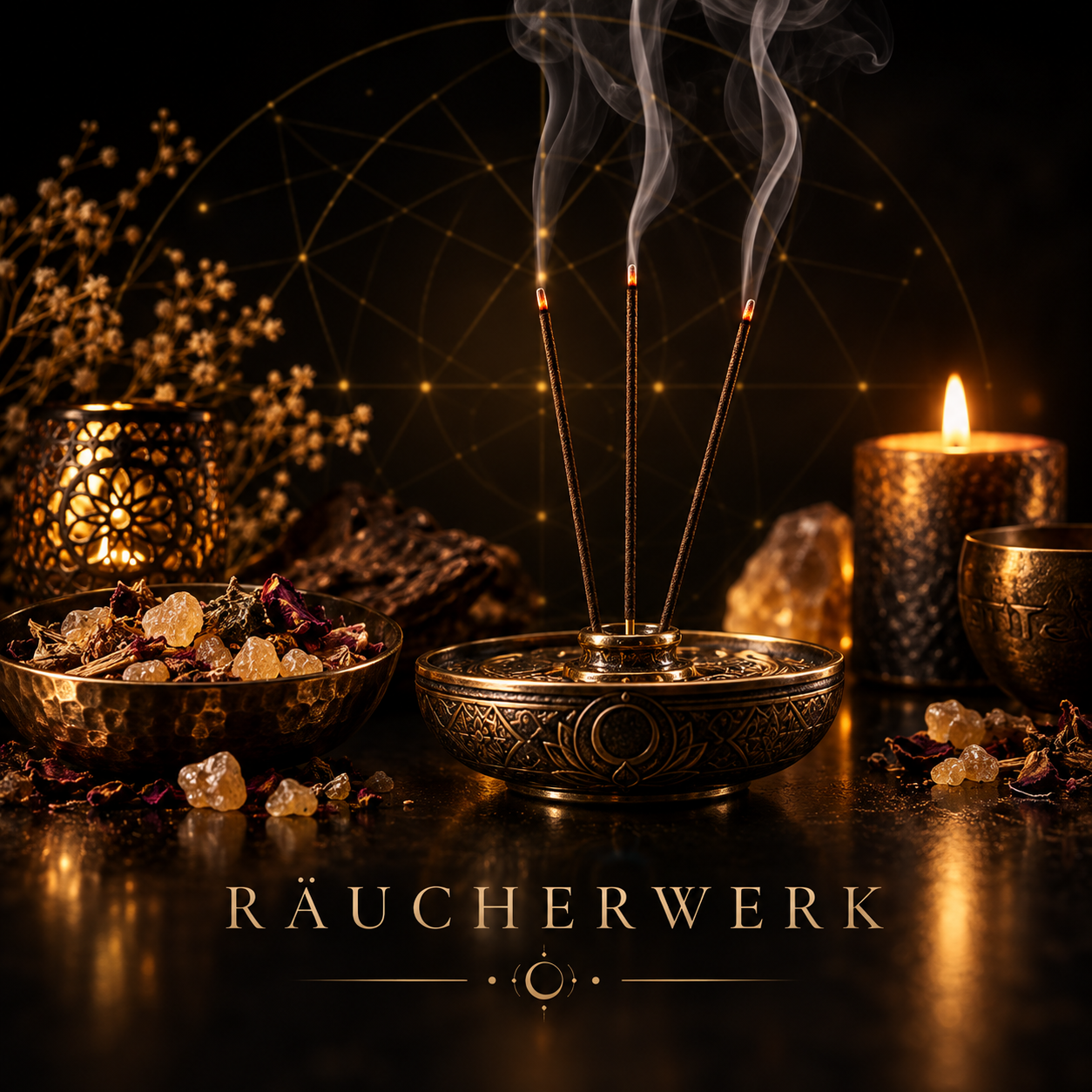 Goldener Räucherhalter mit drei brennenden Räucherstäbchen, Harzschale, Kerze und Kristallen vor dunklem Hintergrund