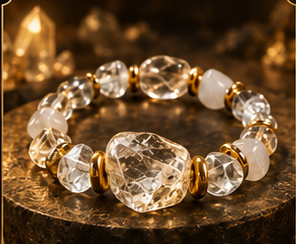 AURAMORA Armband aus klarem Bergkristall mit goldfarbenen Spacern auf dunklem Stein