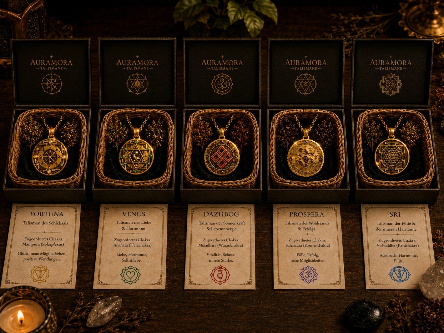 Das vollständige AURAMORA Talisman-Set – Fortuna, Venus, Dazhbog, Prospera und Sri – jeweils in der eigenen Präsentationsbox mit geflochtenem Korb und zugehöriger Karte