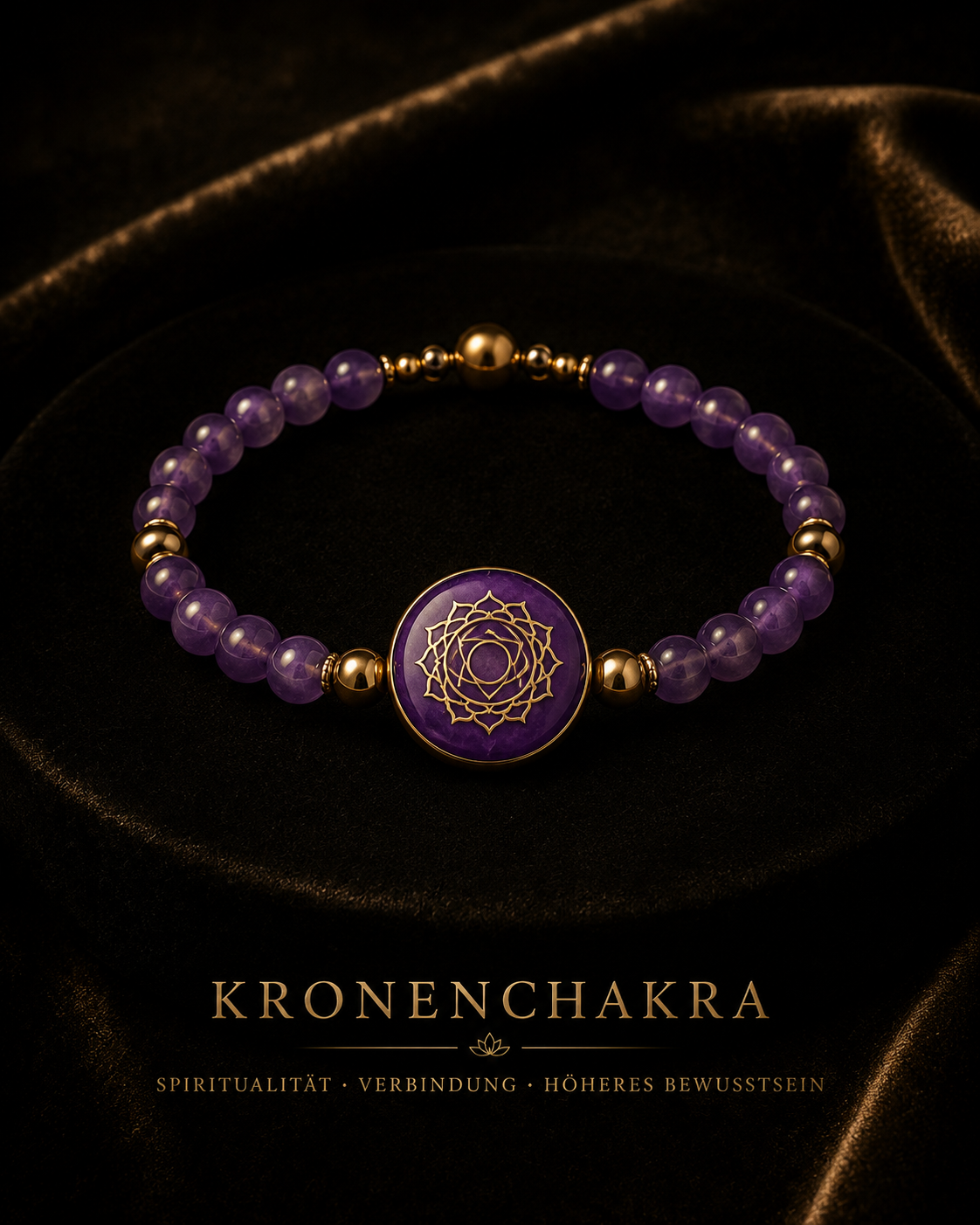 AURAMORA Kronenchakra-Armband mit violetten Amethystperlen und goldenem Chakra-Symbol
