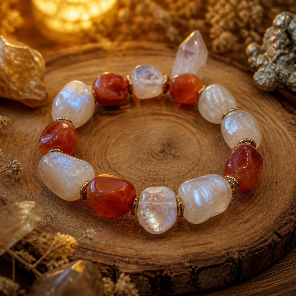 Handgefertigtes AURAMORA Natursteinarmband aus milchigem Mondstein und orangerotem Karneol mit goldfarbenen Spacern auf einer Holzscheibe