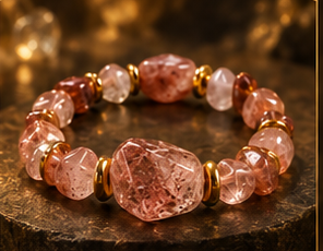 AURAMORA Armband aus rosarotem Erdbeerquarz mit goldfarbenen Spacern auf dunklem Stein