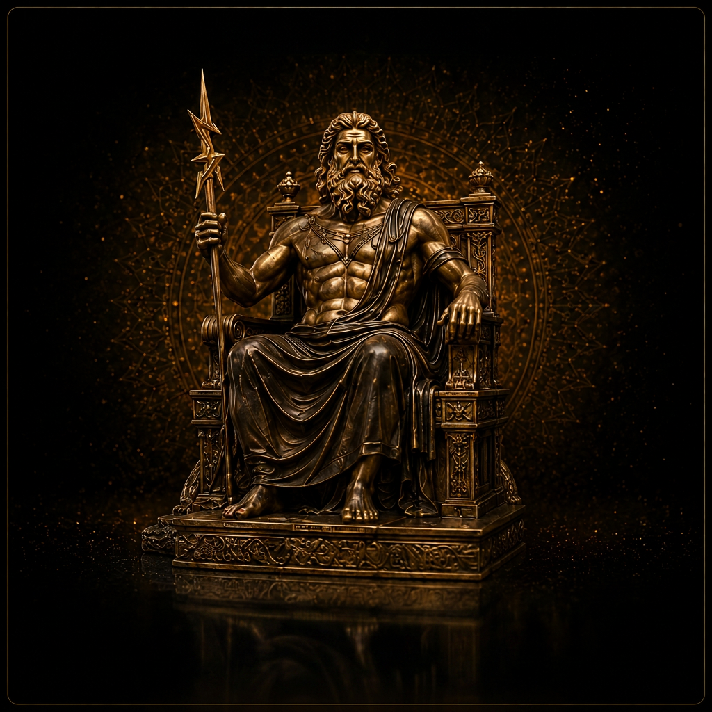 Bronzefarbene Zeus-Figur allein auf dem Thron mit Blitzzepter vor dunklem Hintergrund