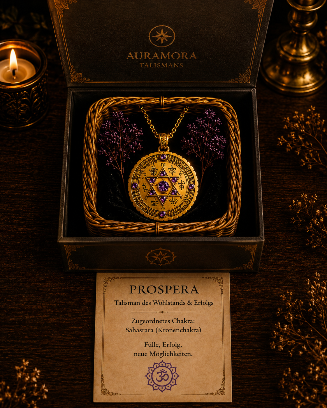 Prospera Talisman im handgeflochtenen Körbchen mit schwarzer Einlage und AURAMORA Infokarte