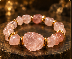 AURAMORA Armband aus rosafarbenem Rosenquarz mit goldfarbenen Spacern auf dunklem Stein