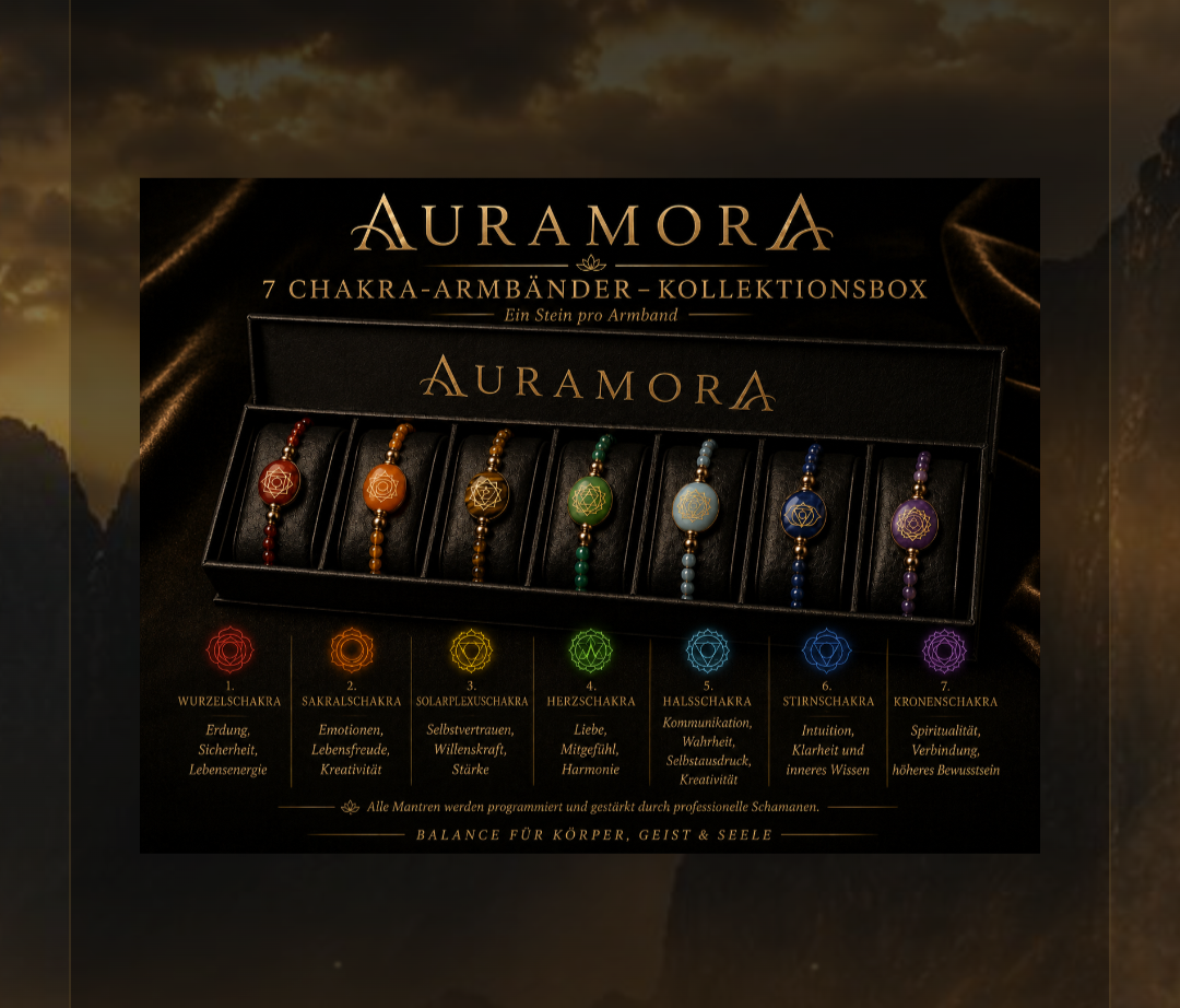 Geöffnete schwarze AURAMORA Kollektionbox mit sieben Chakra-Armbändern in einzelnen Fächern