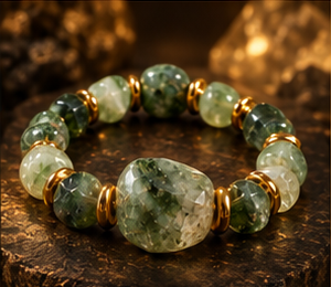 AURAMORA Armband aus grüner Jade mit goldfarbenen Spacern auf dunklem Stein