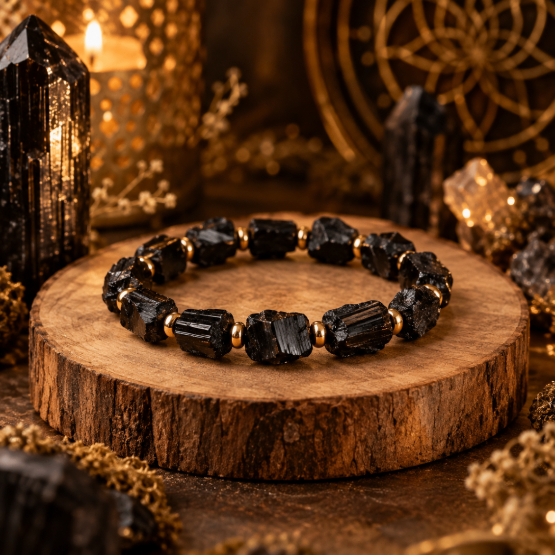 AURAMORA Armband aus rohem schwarzem Turmalin mit goldfarbenen Perlen auf einer Holzscheibe