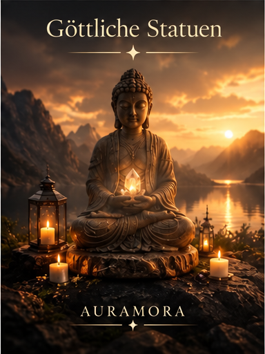 Meditierende Buddha-Statue mit leuchtendem Kristall in warmem Abendlicht