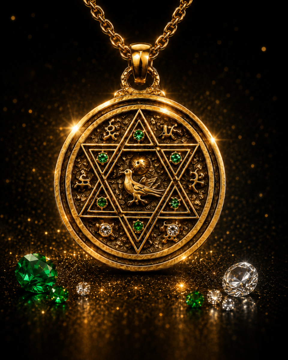 AURAMORA Venus Talisman mit Vogelmotiv, Hexagramm und grünen Farbdiamanten